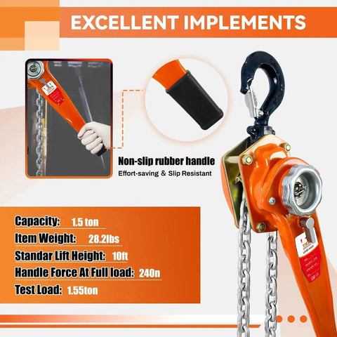 Manual Chain Hoist 1.5 Ton 10 Ft Heavy Duty Lift 3300 Lbs With Durable Hook featuring non-slip rubber handle