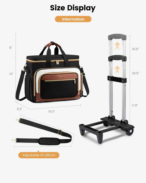 Size display of Three Way Carry Rolling Tote Bag With Detachable Dolly And Laptop Compartment, showing dimensions and strap length
