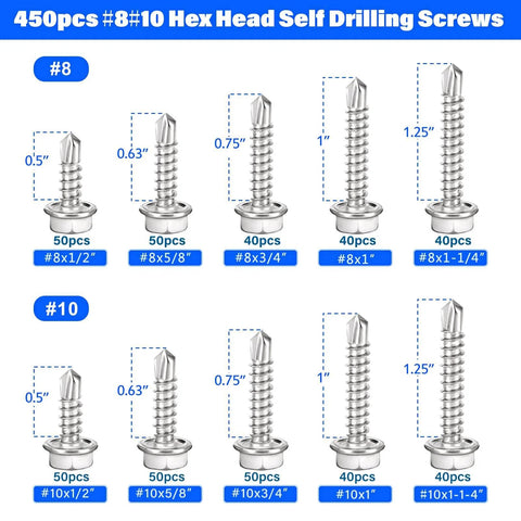Bearings Canada 450pcs stainless steel self-drilling hex head screws, #8/#10, 1/2"–1-1/4" length assortment kit