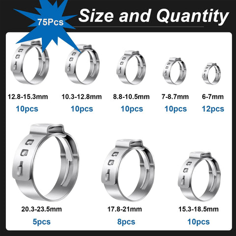 Amazon Seept 75-piece 304 stainless steel single-ear hose clamp set, 6–23.5 mm range for automotive and home use