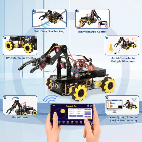 ACEBOTT Robot Arm Expansion Pack Smart Car Starter Kit toy with yellow 4WD wheels, robotic arm, and smartphone app control