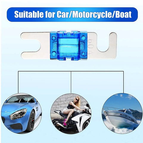 18 Piece Mini ANL Fuse Kit for Car Audio and Marine Electronics, blue plated fuse with car, motorcycle, and boat illustrations