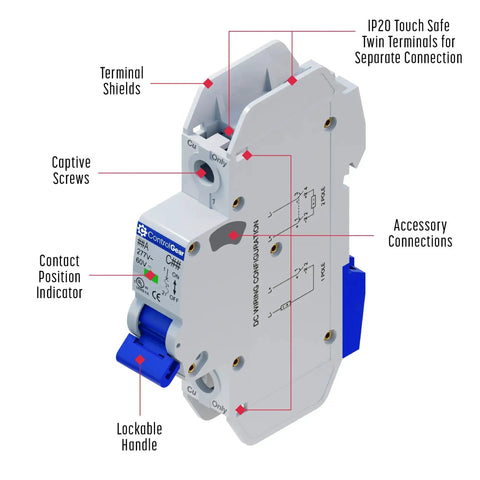 UL489 Listed Mini Circuit Breaker 5 Amp C Curve for 277VAC 60VDC, 10kAIC, DIN Rail Mount, Non Polarized MCB, front view
