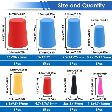 Forty Piece Eight Sizes Silicone Rubber Tapered Plugs Set High Temperature Up To Six Hundred Fahrenheit For Coating And Painting
