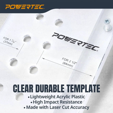 Pro Grade Shelf Pin Jig Kit with 1/4 Inch Self Centering Drill Bit shown with clear acrylic template for precise drilling.