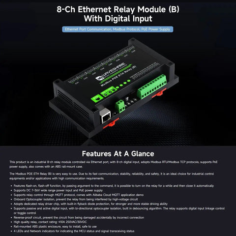 8 Channel Ethernet Relay Module With Digital Input And Modbus RTU TCP Support displayed on dark background