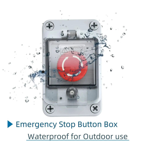 Front view of Emergency Stop Button Box 660V 10A Waterproof Outdoor Safety Switch for Industrial Use, IP67 weatherproof and impact resistant.