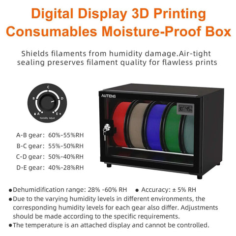 25L Filament Dehumidifier Storage Cabinet For 5 Rolls With Magnetic Seal, 25% RH Humidity Control, digital display and controls