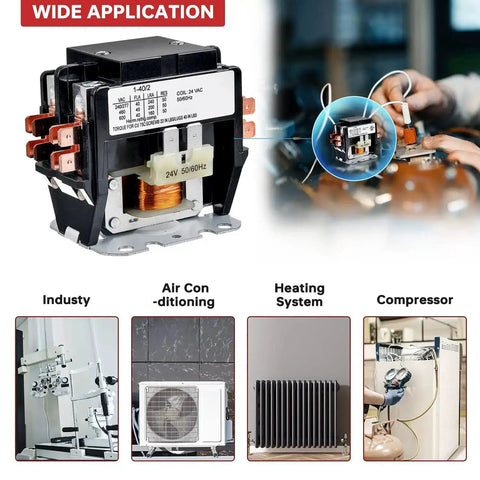 Two Pole 40 Amp 24 VAC Definite Purpose Contactor for HVAC systems, showcasing application in industry, air conditioning, heating, compressor.
