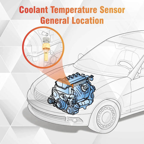 Diagram showing coolant temperature sensor location on car engine, labeled for Coolant Temperature Sensor OEM Grade Replacement Compatible With Chevrolet Acadia Camaro Canyon Colorado Corvette CT4 CT5 CT6 Envision XT4 XT5 XT6 Encore GX Hummer EV Trailblazer Regal Sportback And More Vehicles.