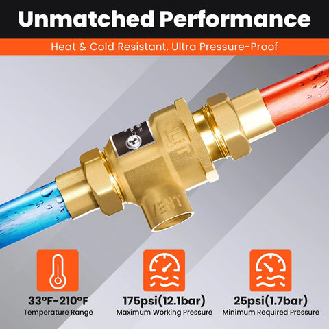 Side view of 1/2 in brass backflow preventer with dual check valve and atmospheric vent, between red and blue supply lines