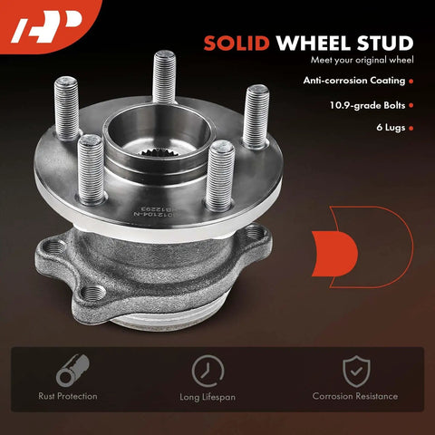Solid wheel stud with anti-corrosion coating, 10.9-grade bolts, and 6 lugs, highlighted in product features.