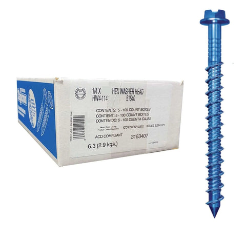 Box and single 2-1/4 inch self-drilling 1/4 Inch Hex Washer Head Concrete Screw For Masonry, Brick And Block, Self Drilling Tapcon Style Anchor, Length Two And One Quarter Inches, Heavy Duty Masonry Fastener, 500 Per Case, Ideal For Anchoring To Concrete.