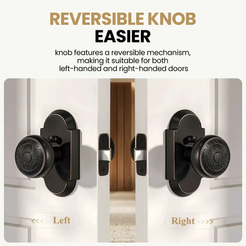 Antique Privacy Door Knob With Push Button Lock For Bedroom And Bathroom installed on left and right-handed doors, reversible use