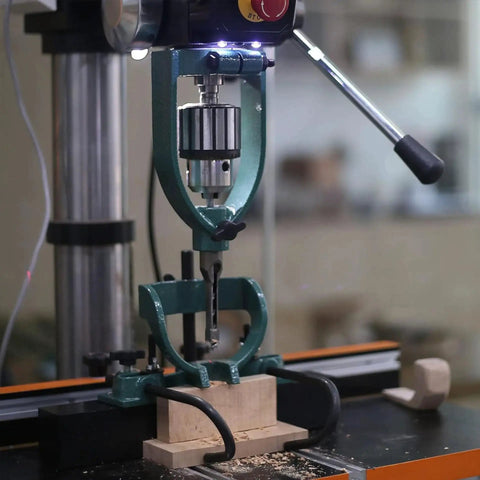 Mortising Attachment Kit For Drill Press And Woodworking Pros With Locator, Press Block, Side Positioning Rod, Fixed Seat, And Four Chisel Sizes