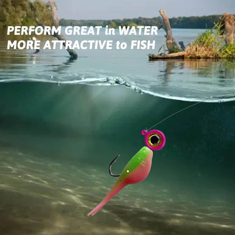 Crappie Jigs Set Of Twenty Jig Heads For Freshwater Fishing One Eighth Ounce Size With Sharp Carbon Steel Hooks And Bright Color Finishes in water