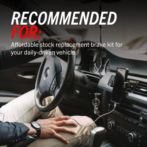 Automotive brake kit promo image with car interior, black steering wheel, dashboard, phone mount, and keys.