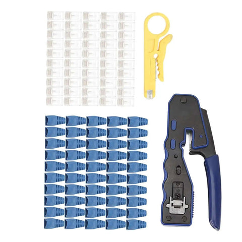 All In One Ethernet Crimping Tool With Pass Through Connectors For Cat5 Through Cat6A shown with blue connectors and cutting tool