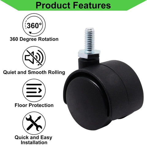1 Inch Stem Swivel Casters Set Of 4, M6 Threaded Stem, 360 Degree Rotation, Heavy Duty Replacement Castors for furniture, black wheel