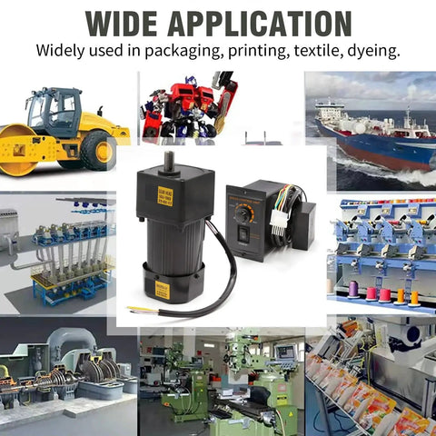 Image showing versatile adjustable variable gear reducer motor 90W 110V 75RPM with speed controller, used in packaging and textile machinery.