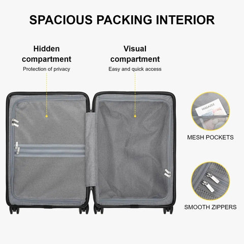 Open view of ultra lightweight 20 inch hard shell carry on luggage with wheels and TSA lock textured polycarbonate black