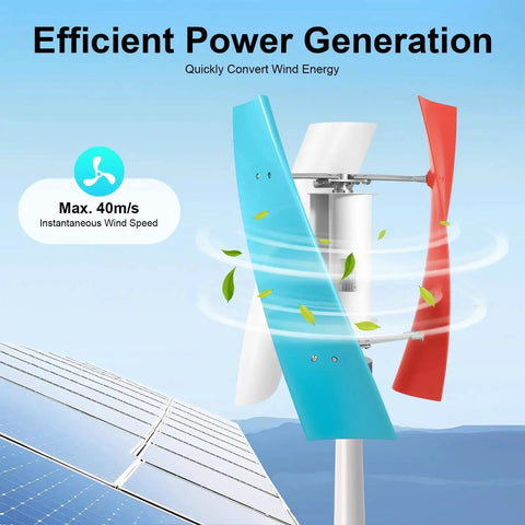 Front view of a 12V wind turbine with three fiberglass blades (blue, white, red) mounted on a mast