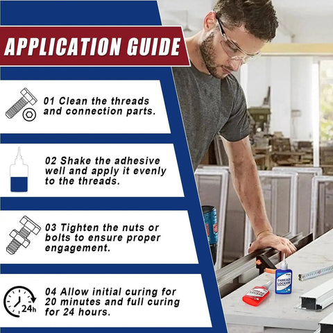 Person using Blue And Red Thread Locker Kit 50ml Each Two Pack For Nuts Bolts And Fasteners with application guide in workshop