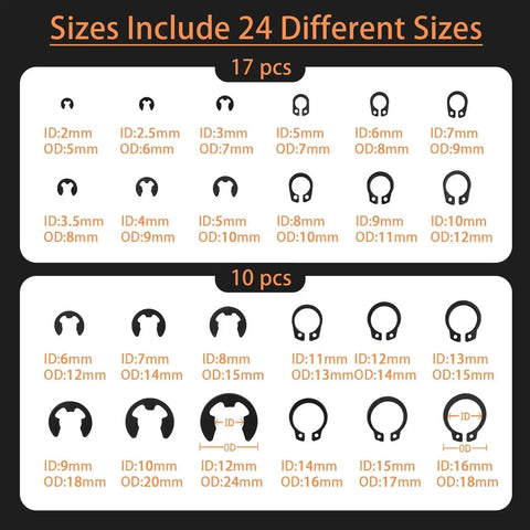Chart showing 24 sizes in Heavy Duty 324 Piece Carbon Steel Retaining Ring Kit With 12 C Clips And 12 E Ring Sizes for fastening jobs