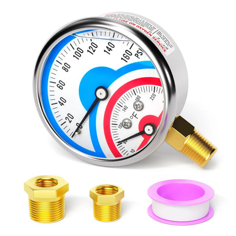 Stainless steel liquid-filled 2.5-inch pressure gauge with 0–160 PSI and 30–250°F, 1/4" NPT, includes brass hex bushings and pink gasket