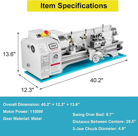 Mini Metal Lathe 550W Brushless Benchtop Lathe 0-1500 RPM High Gear for Fast Metal Turning Drilling and Threading 3 Jaw Chuck Compact 8.7 by 29.5 Inch Tool for Home Shop shown with specifications.