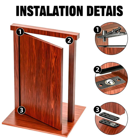 Hidden Pivot Door Hinge Kit For Bookshelf Doors With Silent 360 Rotation Heavy Duty Concealed Hardware, installation details view.