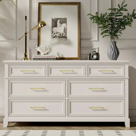 White dresser with Brushed Gold Cabinet Pulls 10 Pack, 5 Inch Hole Center Drawer Handles, shown in home setting.