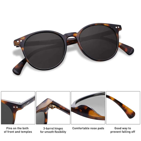 Small Round Polarized Sunglasses For Women And Men, Vintage Style UV400 Lenses, Lightweight Polycarbonate Frame In Tortoise And Grey