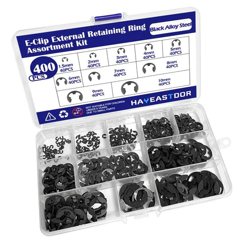 10 Size E Clips Assortment Kit With 400 Pieces External Retaining Rings Circlips 1.5mm To 10mm Black Alloy Steel In Heavy Duty Plastic Box