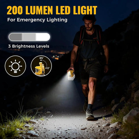 Person using DeWALT 20V Battery Compatible 200W Power Inverter for Camping and Outdoors with LED light on dark path