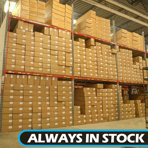 Front view of an automotive parts warehouse with tall metal racks filled with brown boxes; Always In Stock banner.