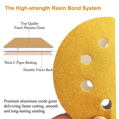 Close-up of 5 Inch Sanding Discs 220 Grit Hook Loop 8 Hole Random Orbit 50 Pack showing top quality fused alumina grain and Velcro back.