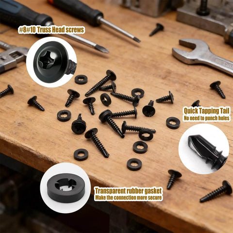 Self Tapping And Self Drilling Screws For Metal Kit In 410 Stainless Steel With Black Oxide Truss Head And Rubber Washer, assorted screws on workbench