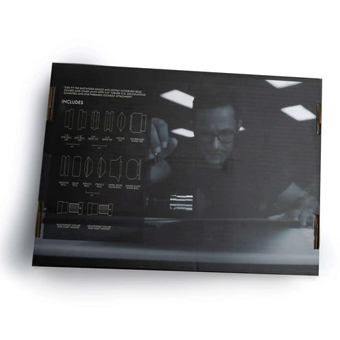 Packaging of Signature Series Bead Roller Die Set for metal art and fabrication, showing die shapes and man examining tool in workshop.