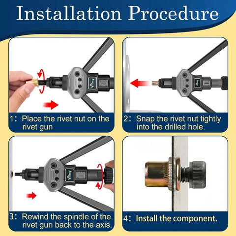 Step-by-step installation of 115Pcs M6 Rivet Nuts Kit with Zinc Plated Carbon Steel Flat Head Nutserts in metal panel