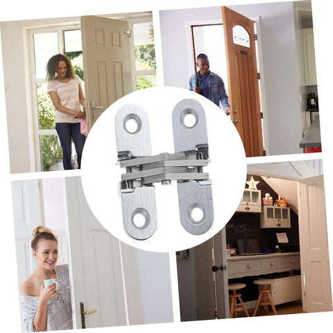 Hidden Door Hinge For Cabinets And Folding Doors Concealed Swing Hinge With Independent Screw Cover displayed in multi-room settings