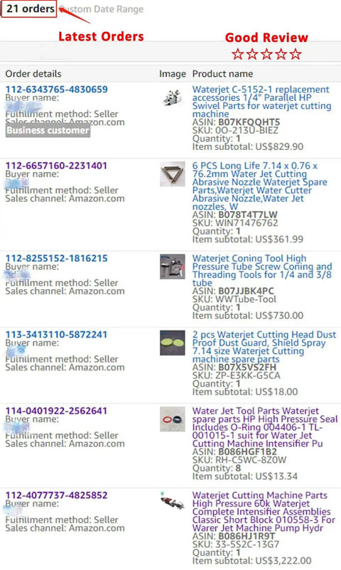 Screenshot of an online order list showing various waterjet cutter parts with product details and prices.