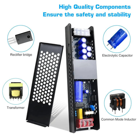 24V DC Power Supply 8.5A 200W Universal Regulated Switching Adapter components shown with open casing and labeled parts