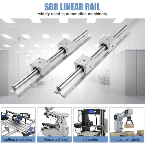 SBR20 Linear Rail Kit 3000mm with four 1500mm rails and eight SBR20UU blocks shown in automation machinery setup