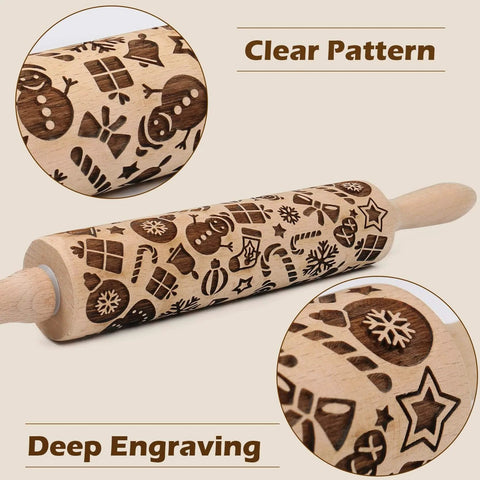 Christmas Themed Embossed Rolling Pin For Baking Cookies With Snowflake And Snowman Designs Wooden Engraved Springerle Style Dough Roller For Patterned Clay Pottery And Ceramic Projects Super Fun For Home Bakers And Kids.