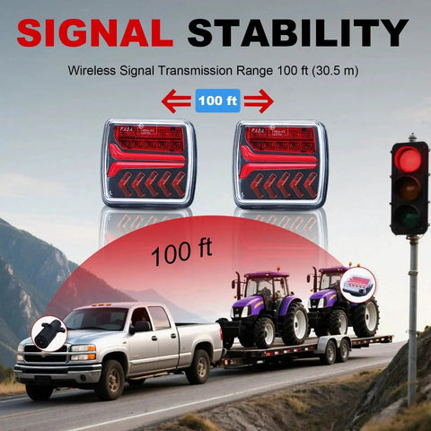 Front view of RoadAlchemist wireless trailer light kit with two square red LED taillights, magnetic mount IP67 waterproof.