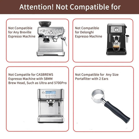 51mm portafilter collage shows not compatible notes for Breville, Delonghi, CASABREWS and a 2-ear portafilter.