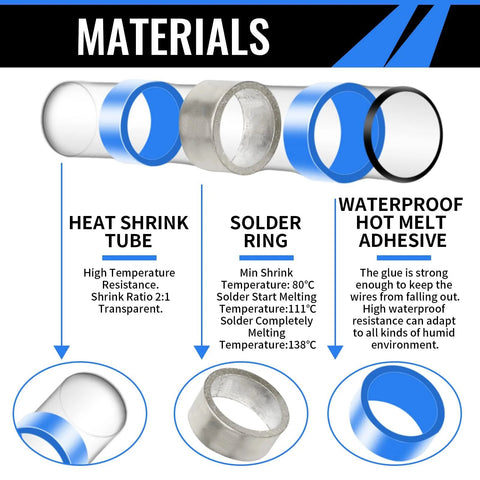 Sopoby 250pcs solder seal wire connector kit with heat shrink tube, solder ring, waterproof adhesive.