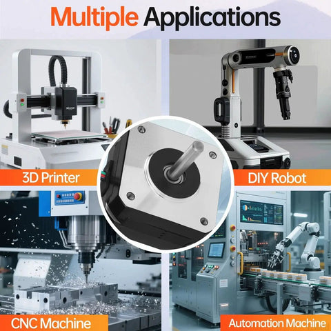 10 Pack Nema 17 Stepper Motor 2 Phase 1.8 Degree High Torque Bipolar shown in multiple application settings like 3D printers and CNC machines