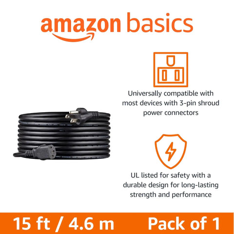 Universal 15 Foot Power Cord For PC Monitor And Printer 3 Prong 18 AWG 125V NEMA 5-15P To IEC320C13 UL Listed Black Cable